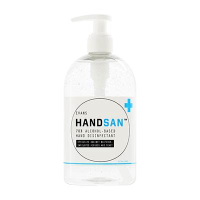 Evans A051 Handsan Alochol hand sanitizer, 70% Alcohol, 500ml pump bottles x6
