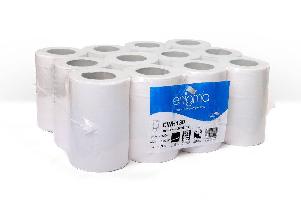 CWH130 12x 120m white 2 ply mini centrefeed wiping rolls
