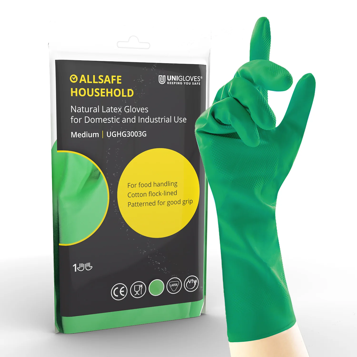 Unicare Green Allsafe Household Gloves - Large (Pack of 12 Pairs)