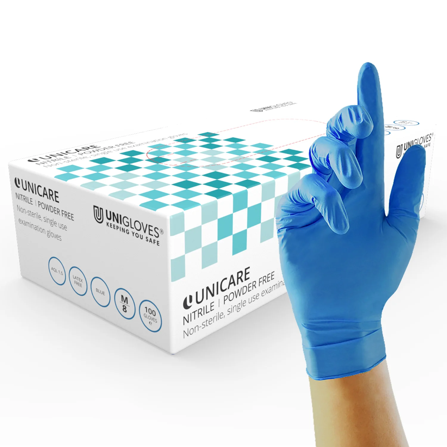 Unicare Blue Nitrile PF Gloves - Medium (Box of 100)