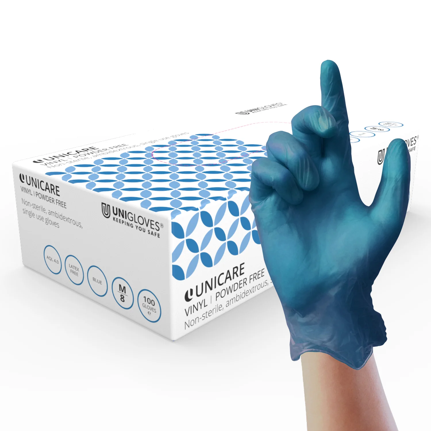 Unicare Blue Vinyl PF Gloves - Medium (Box of 100)