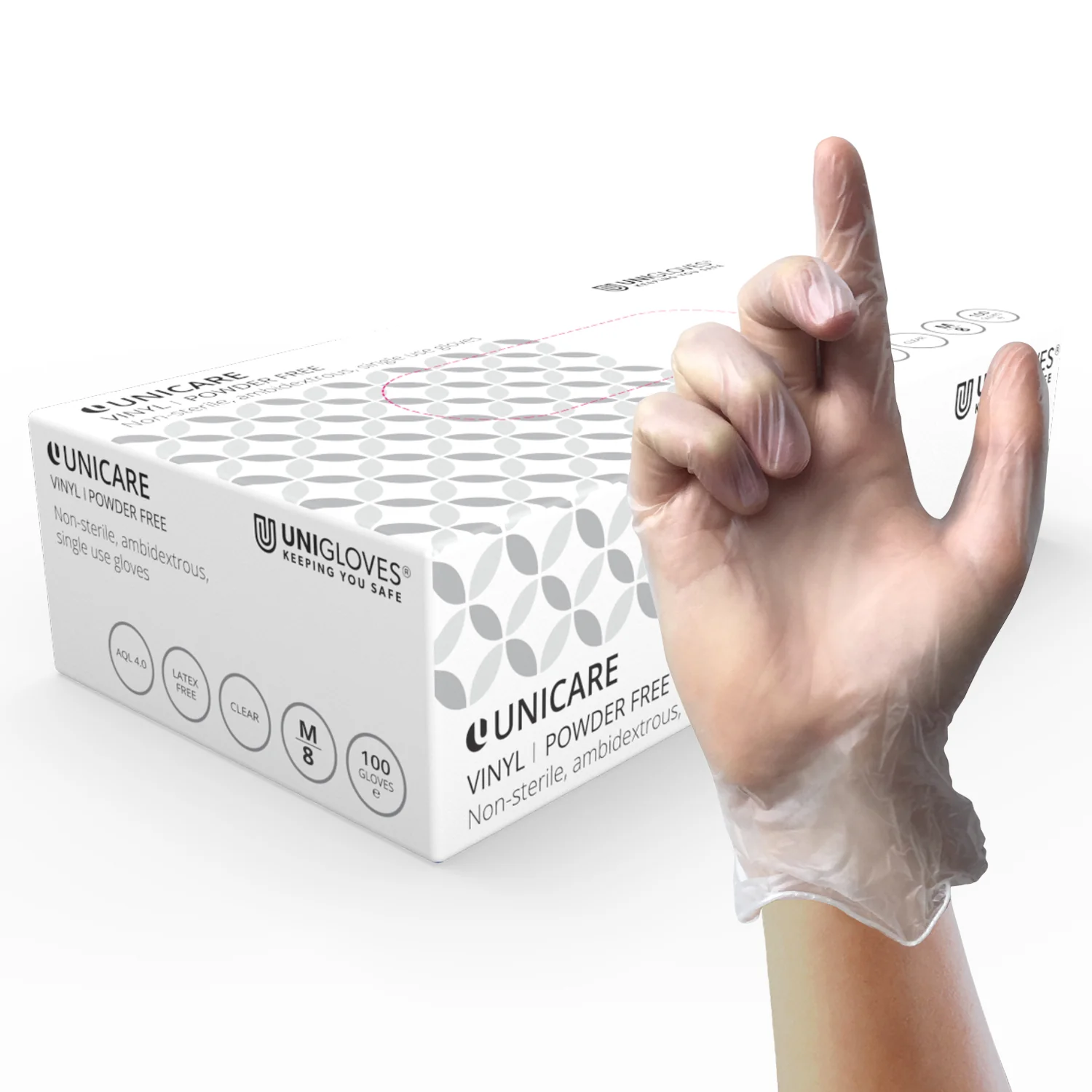 Unicare Clear Vinyl PF Gloves - Large (Box of 100)
