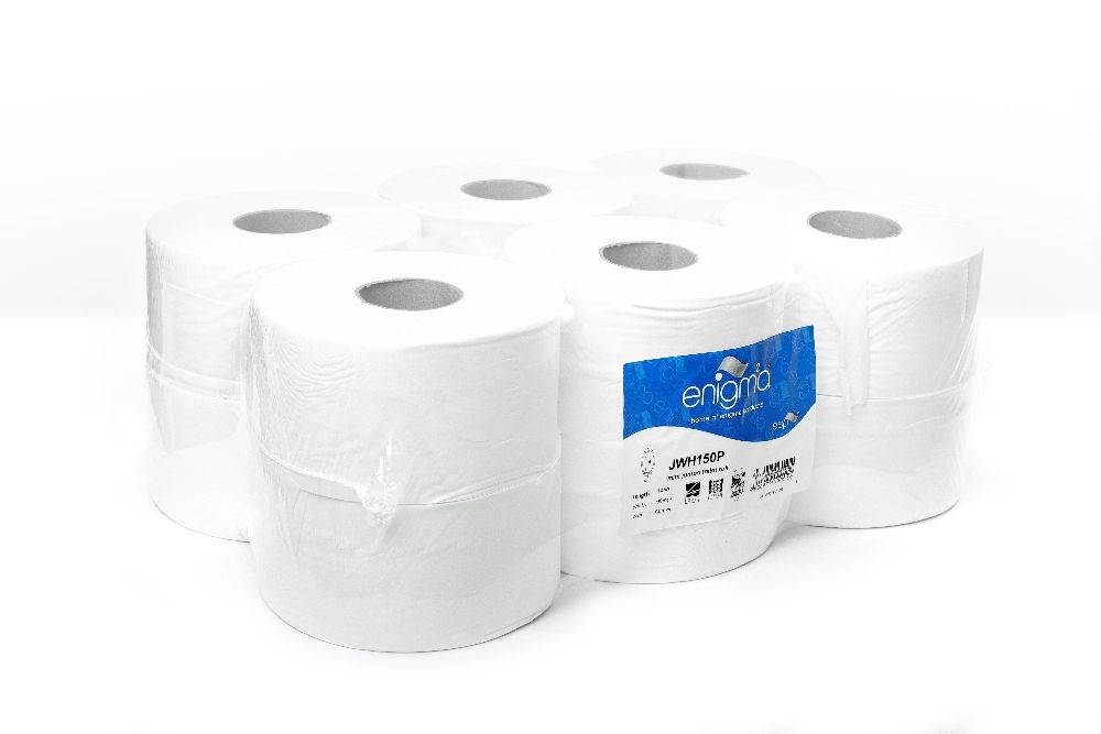 Mini Jumbo Toilet Rolls, 2ply, White,150m per roll, 12 per pack, 58mm core, JWH150