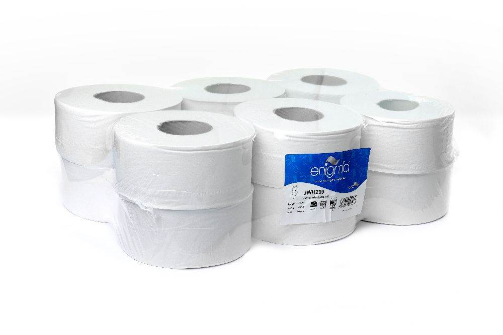 JWH203 MINI JUMBO TOILET ROLLS, 200M PER ROLL, 75MM CORE, 12 PER PACK